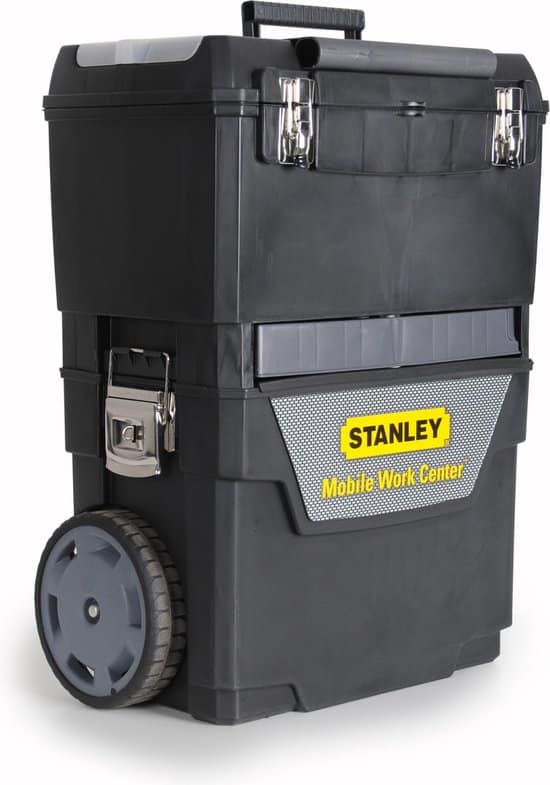 Zwarte mobiele gereedschapskist op wielen met handvat, Stanley.