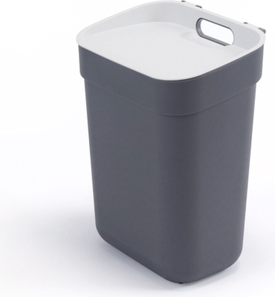 Grijze afvalbak met wit deksel, minimalistisch design.