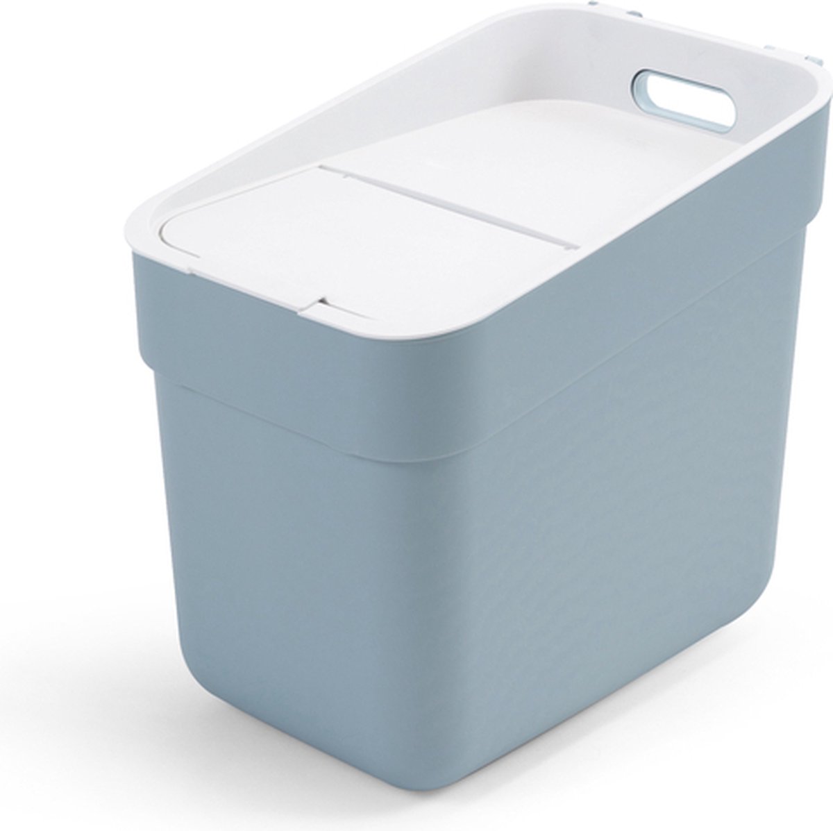 Blauwe rechthoekige afvalemmer met deksel en handvat.