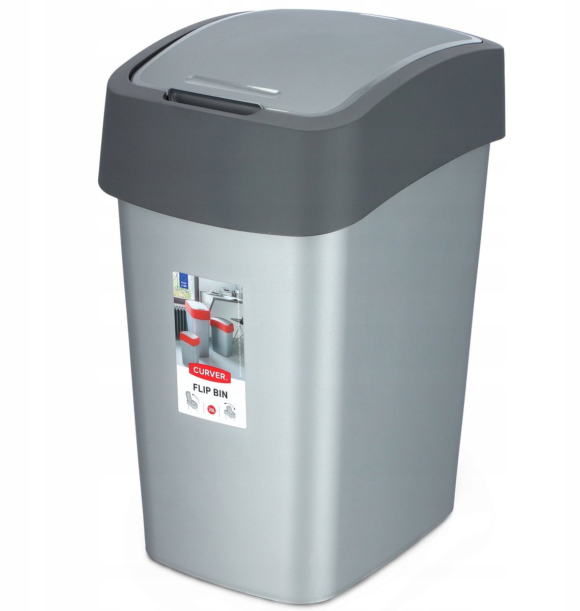 Grijze prullenbak met klapdeksel en label.