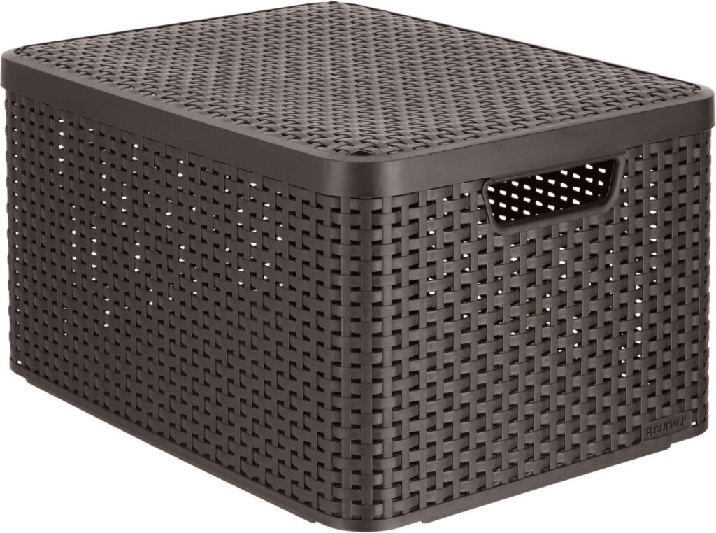 Bruine opbergmand met deksel, geweven structuur