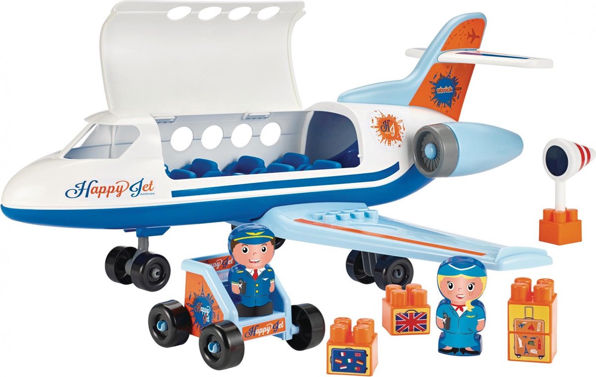 Speelgoedvliegtuig met piloot, stewardess en bagageblokken.