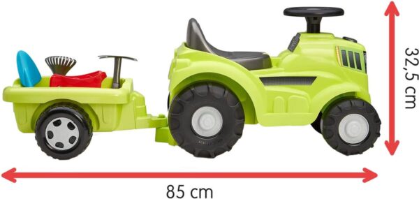 Groene speelgoedtractor met aanhanger, 85 cm lang.