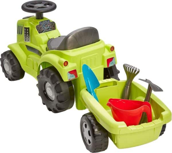 Groene speelgoedtractor met aanhanger en tuingereedschap