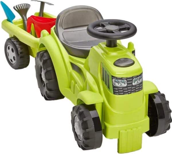 Groene kindertractor met aanhanger en tuingereedschap speelgoed.