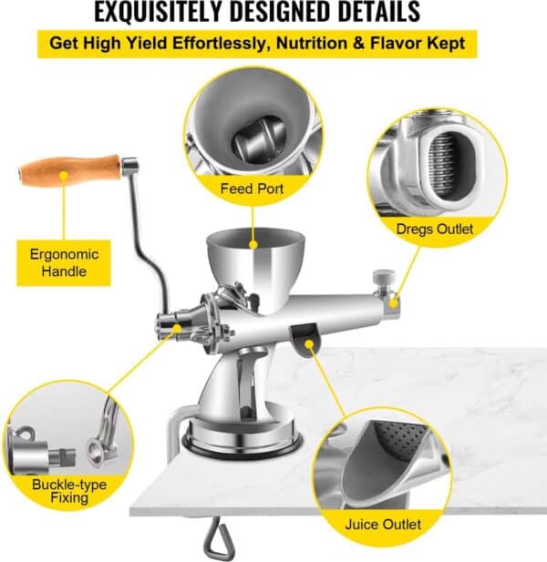 Handmatige sapcentrifuge met ergonomische hendel en uitgangen.