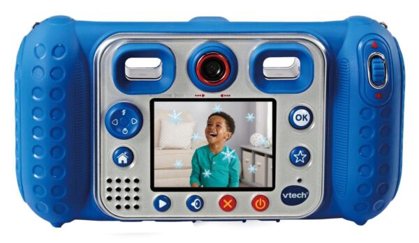 Blauwe kindercamera met lachend kind op het scherm.