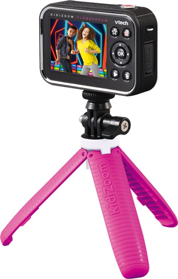 Kindercamera op roze statief voor vloggen.