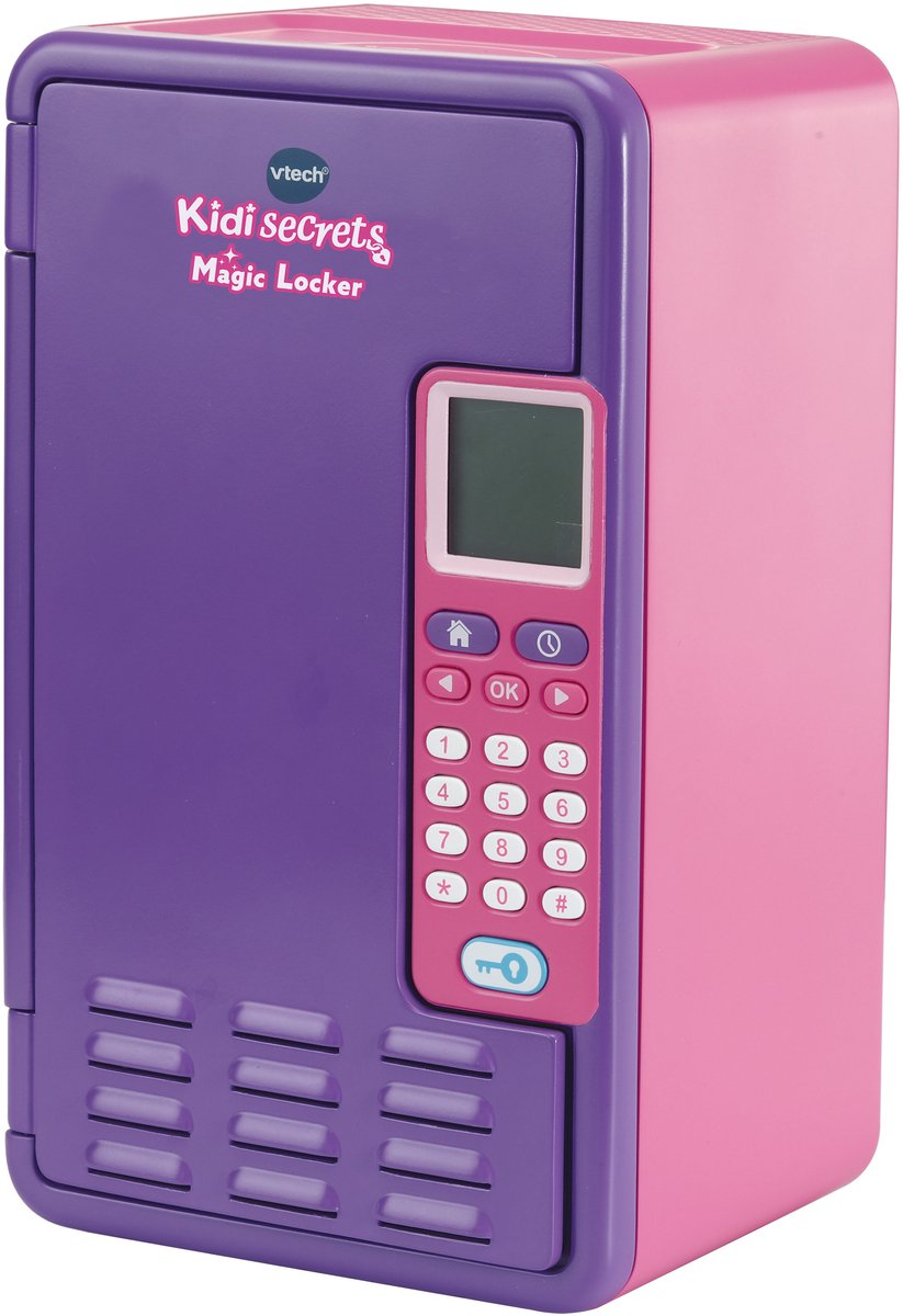 Coffre-fort électronique violet et rose avec clavier.