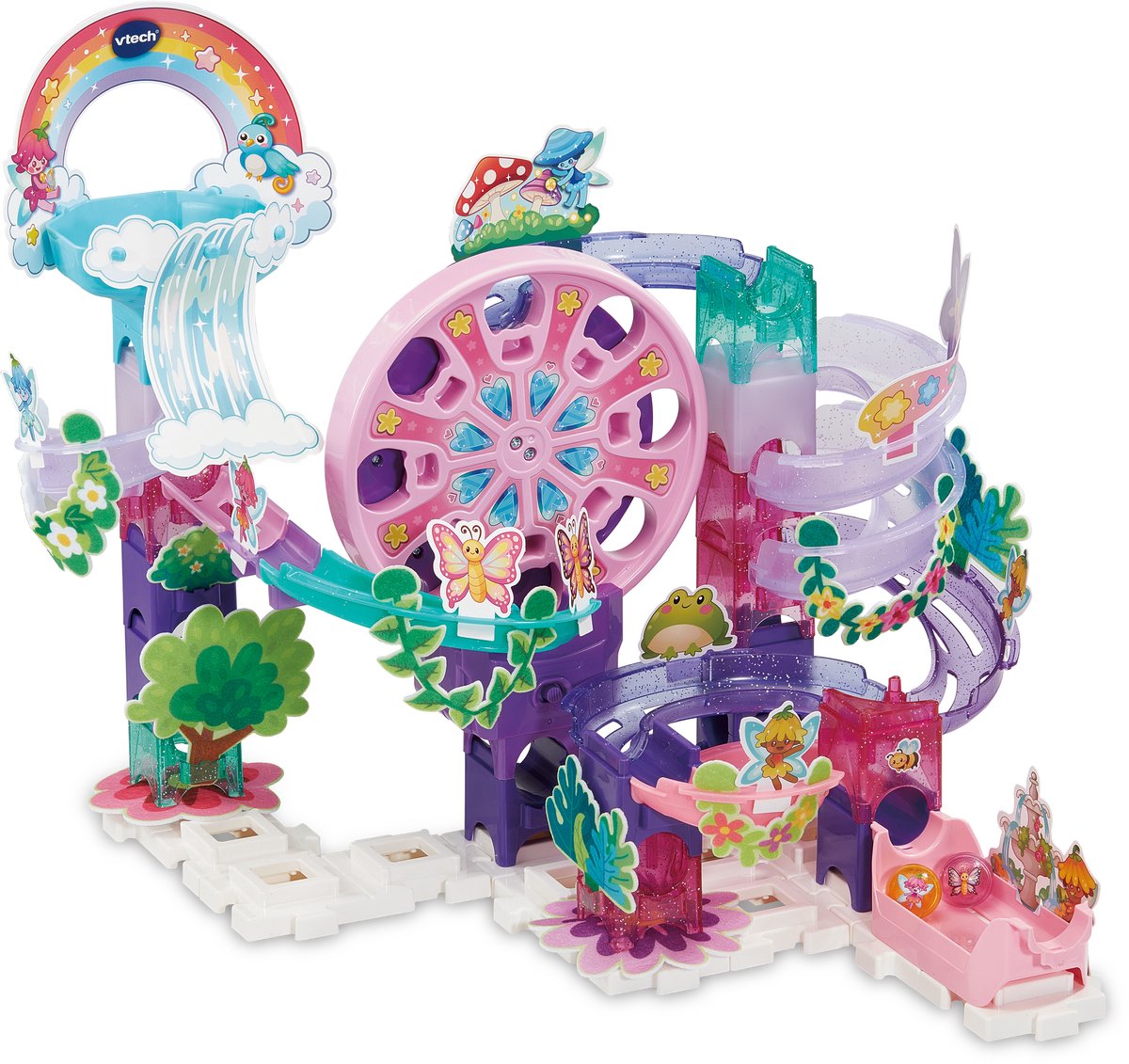 Speelgoedbaan met glijbaan, regenboog en waterval