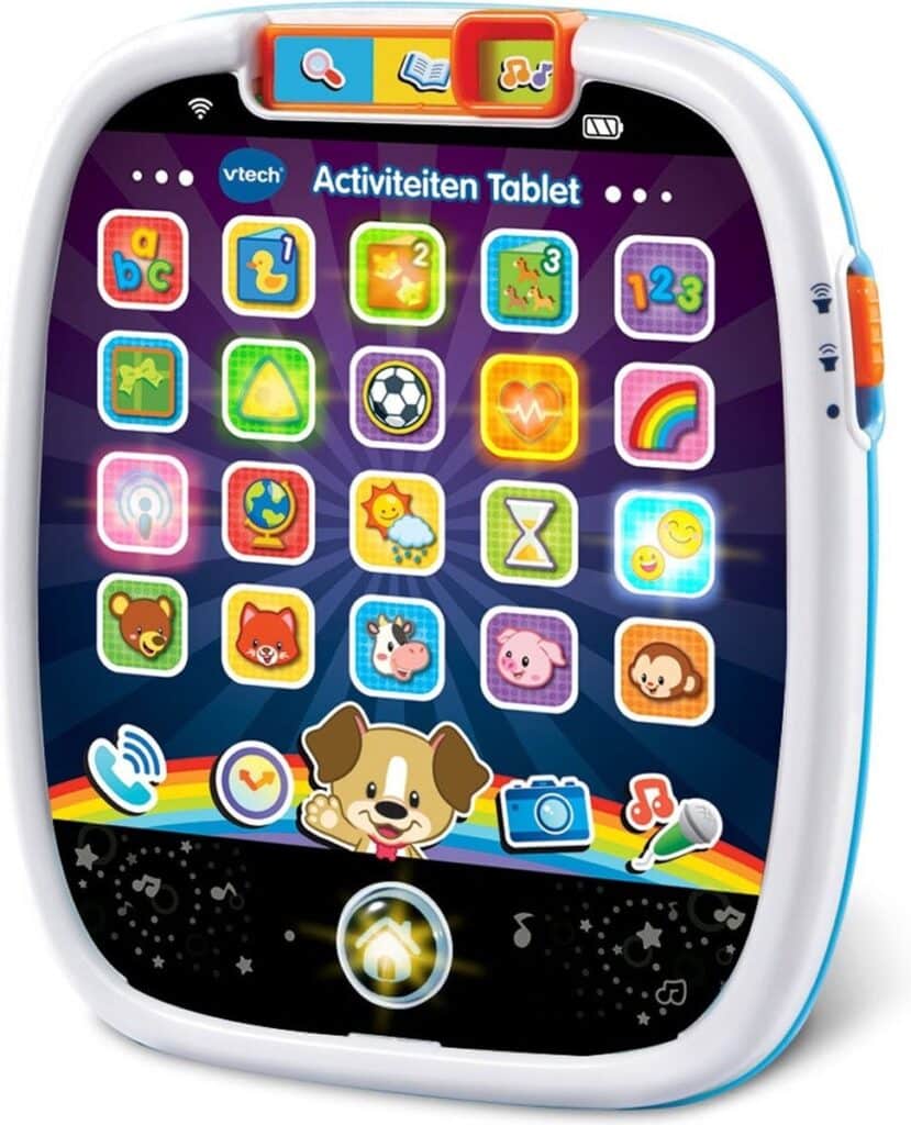 Kindertablet met educatieve icoontjes, regenboog en hond.