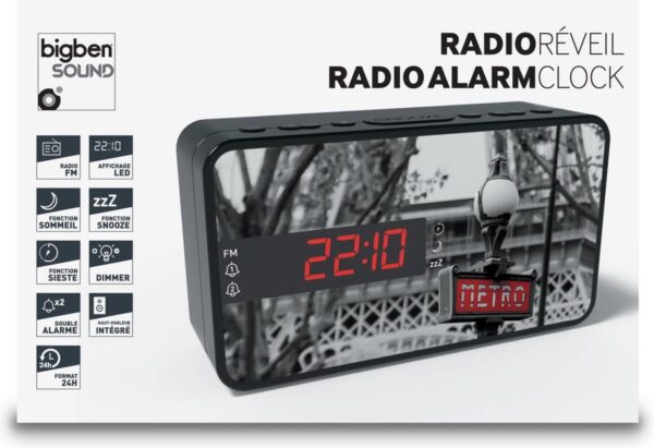 Digitale wekkerradio met 22:10 display en functies.