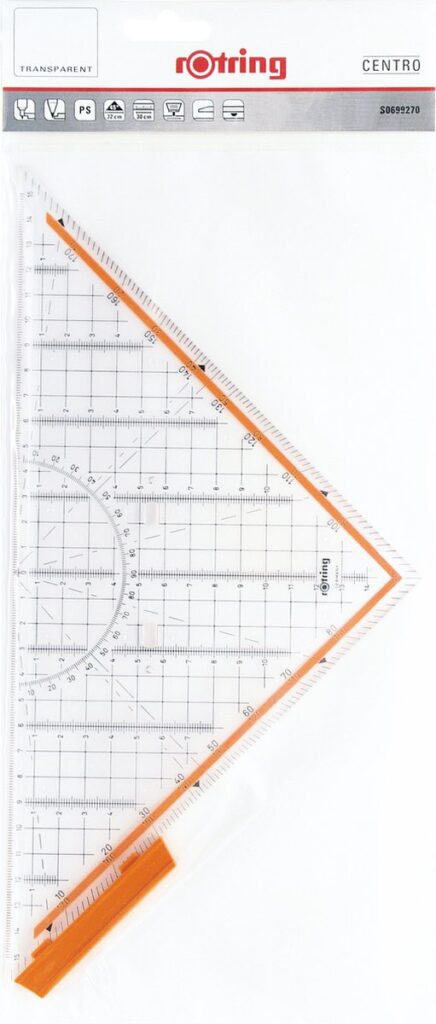 Transparante, driehoekvormige geodriehoek met meetlat en gradenboog.