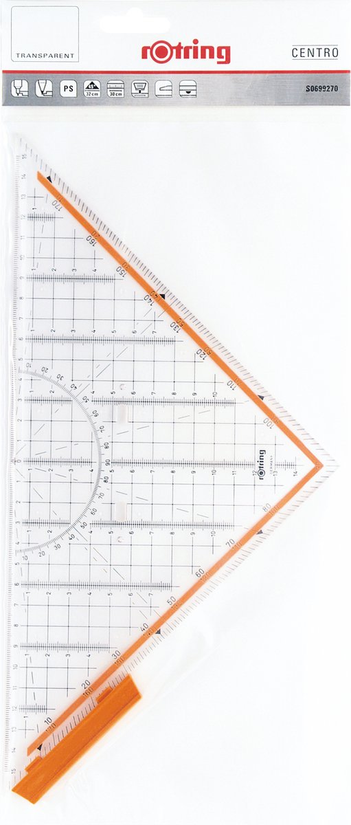 Transparante, driehoekvormige geodriehoek met meetlat en gradenboog.