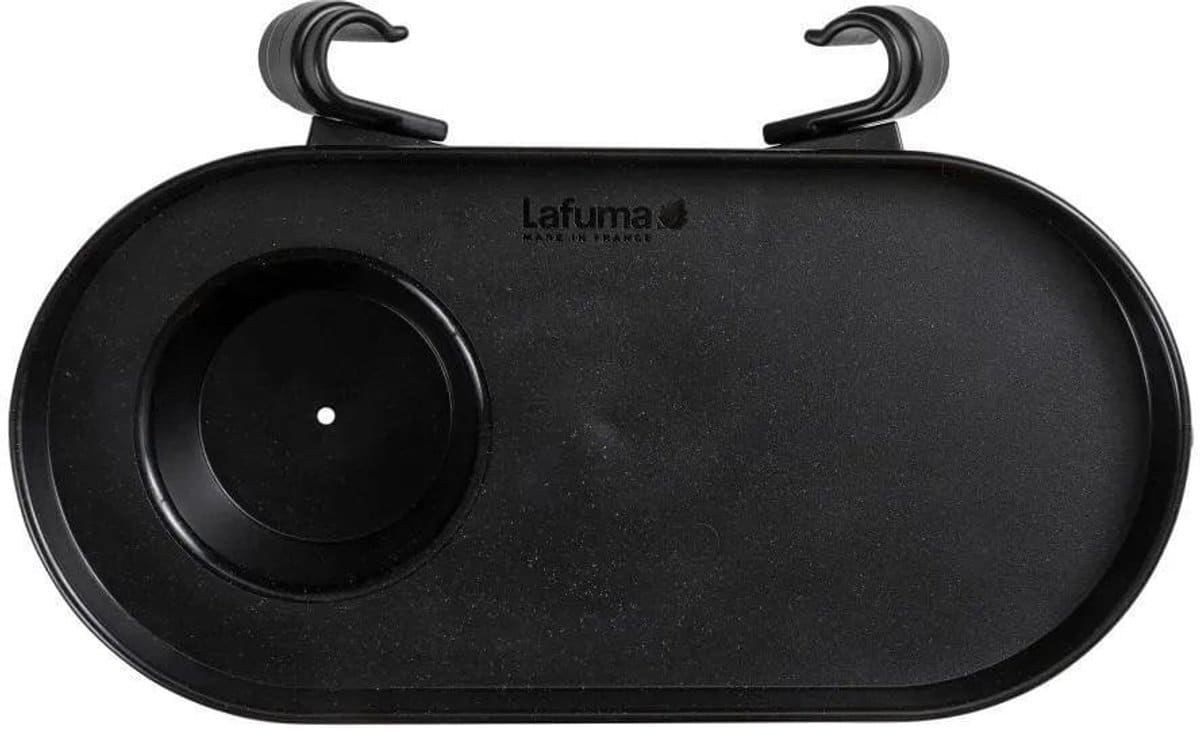 Zwarte plastic bekerhouder met haakjes.