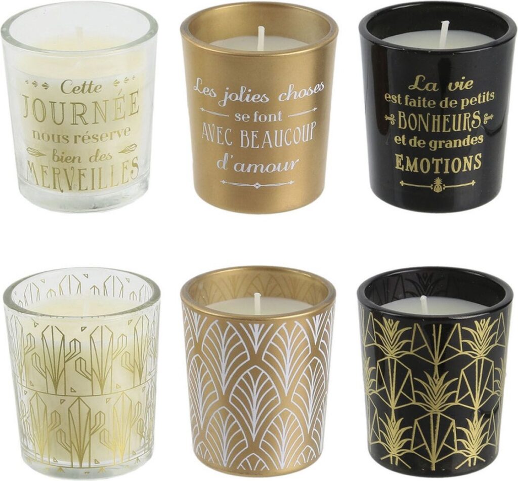 Zes decoratieve geurkaarsen in glazen houders