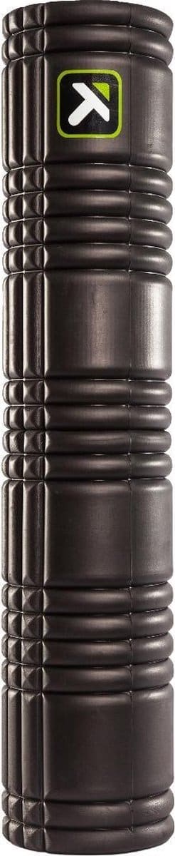 Zwarte fitness foam roller met patroon en logo.