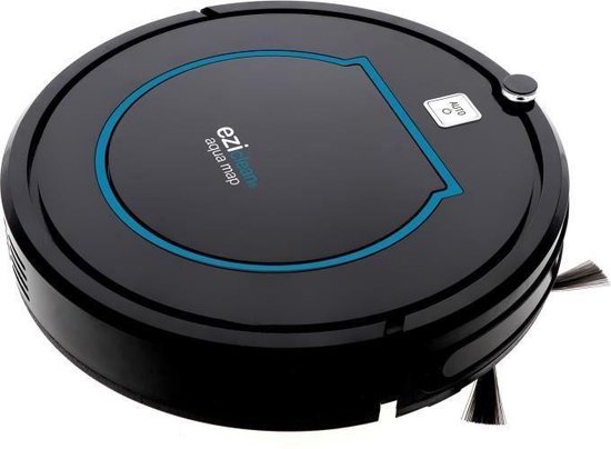 Zwarte robotstofzuiger met blauwe lijnen bovenafbeelding.