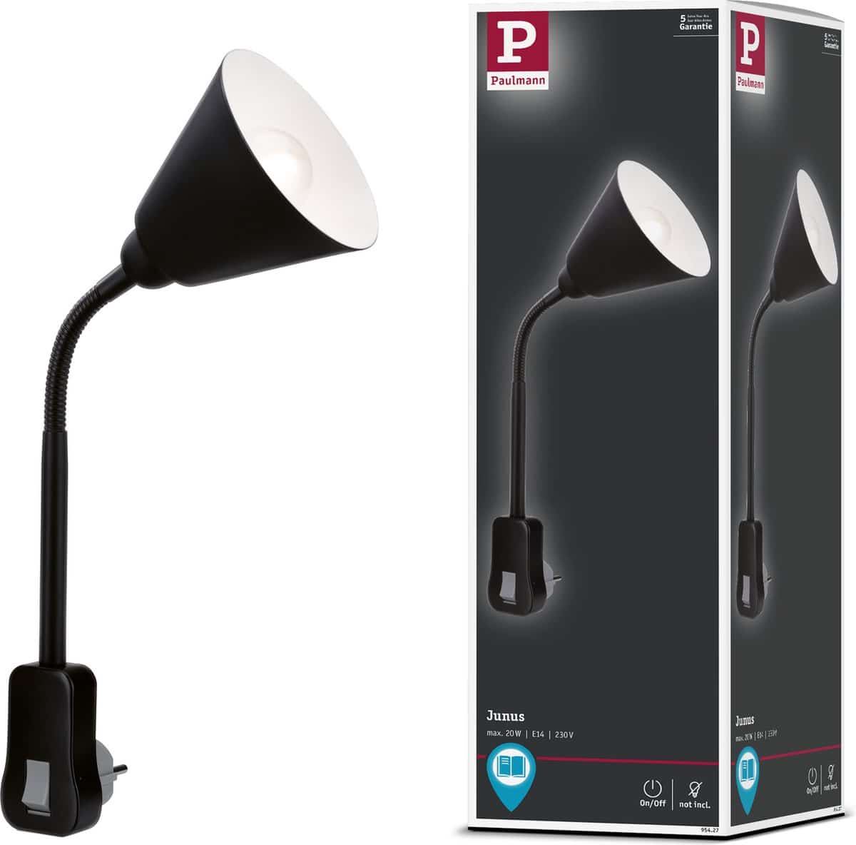 Zwarte stekkerlamp met flexibele arm en verpakking