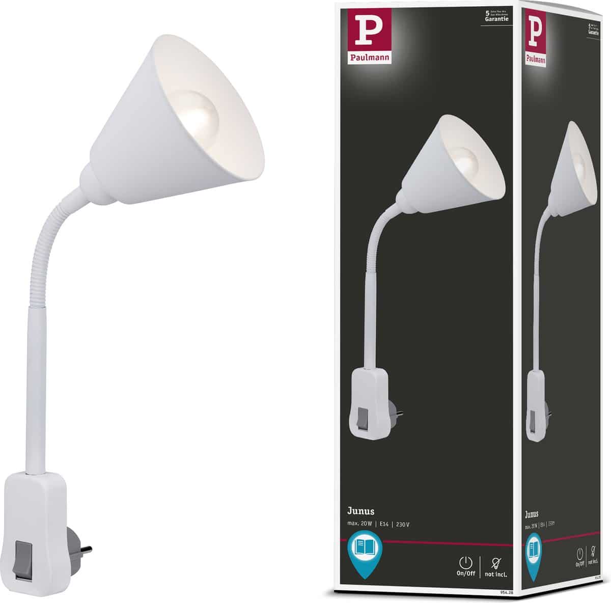 Witte lamp met flexibele arm en schakelaar