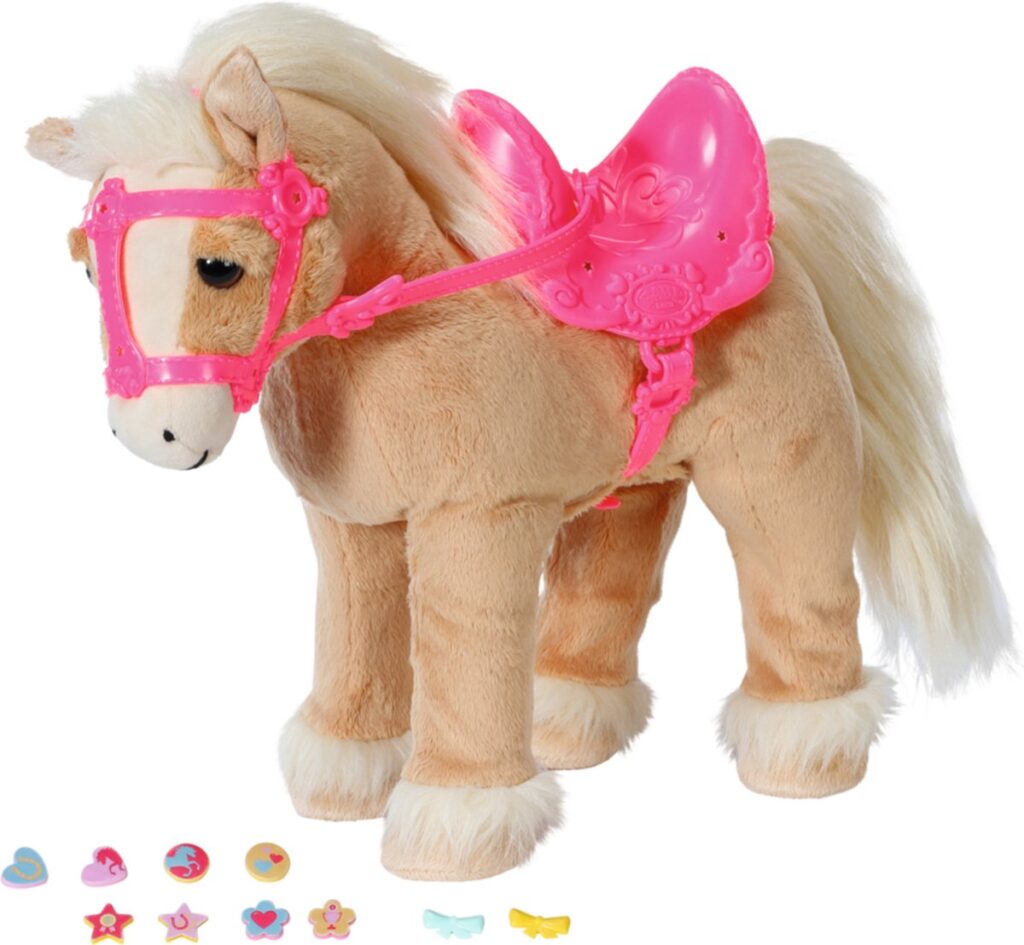 Pluche pony met roze zadel en accessoires