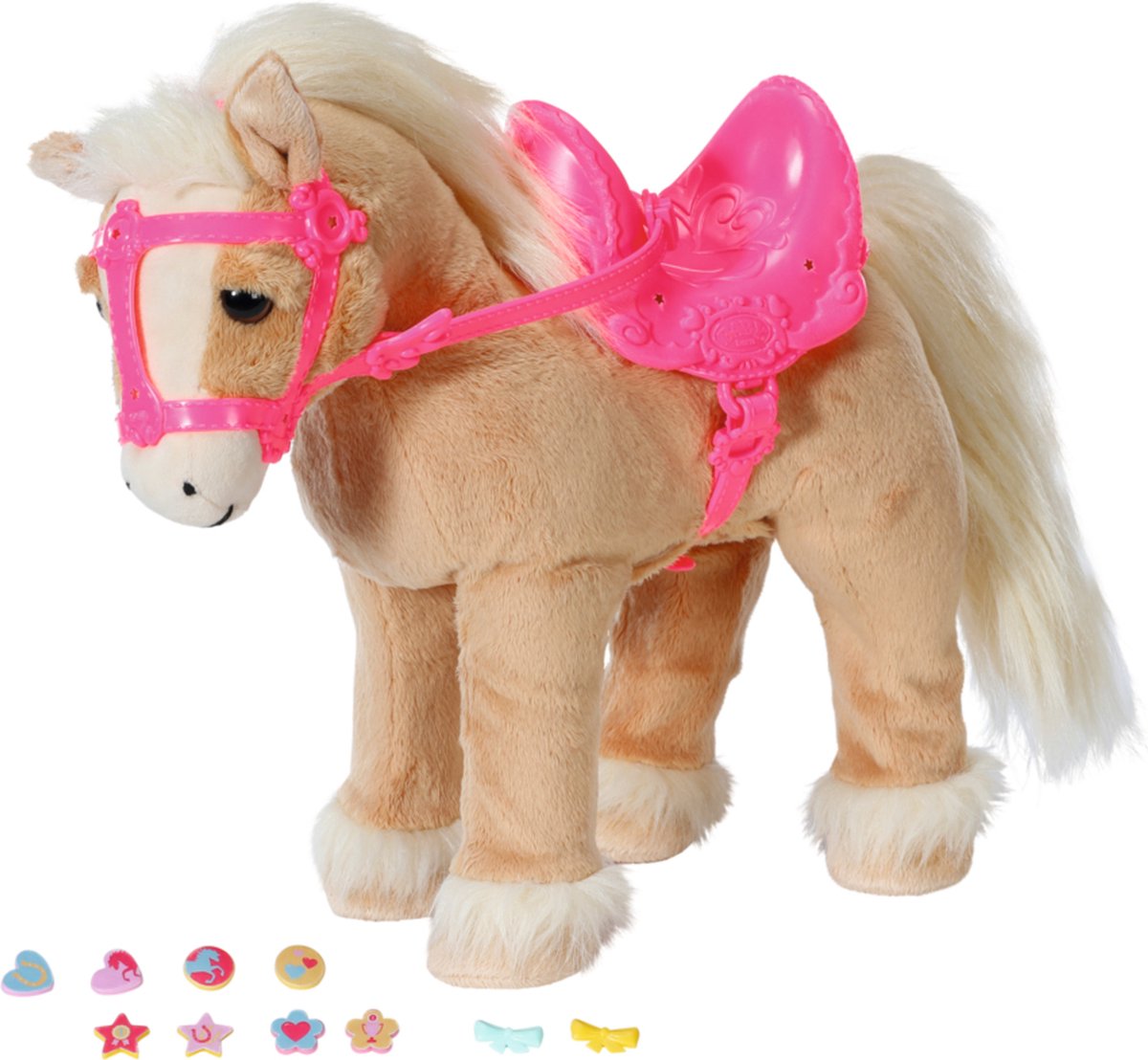 Pluche pony met roze zadel en accessoires