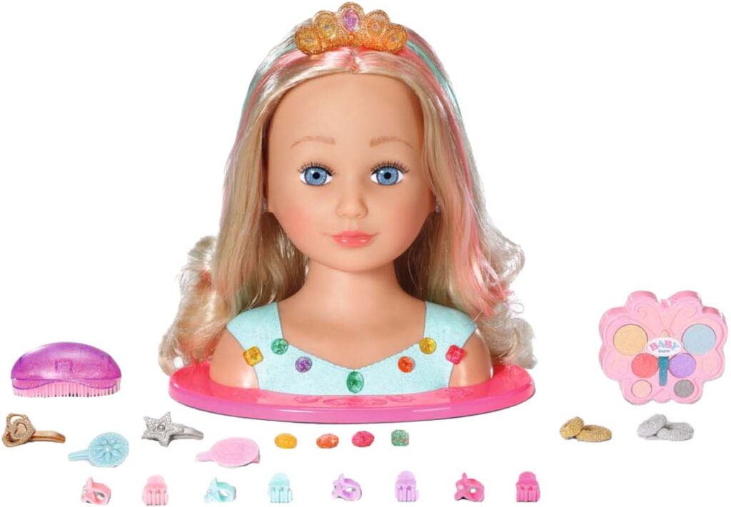 Poppenhoofd met blonde haren en accessoires