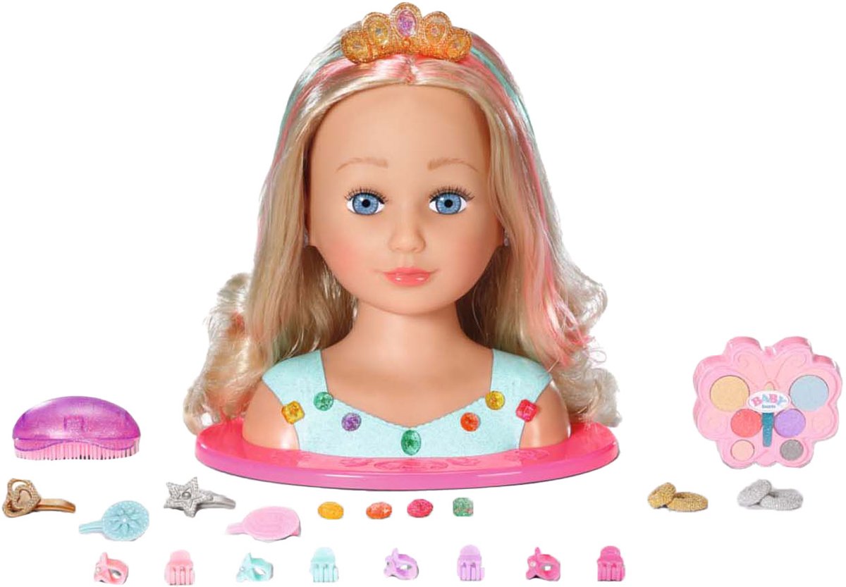 Poppenhoofd met blonde haren en accessoires