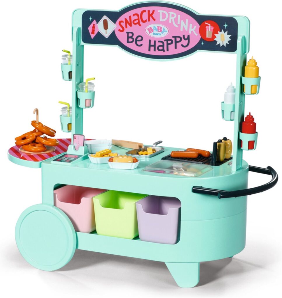 Speelgoed snackkar met eten en drankjes.