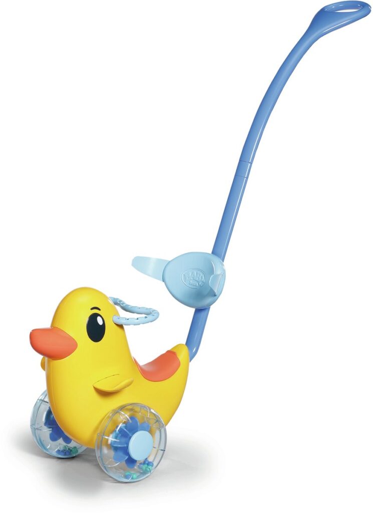 Yellow duck push toy with a long blue push bar