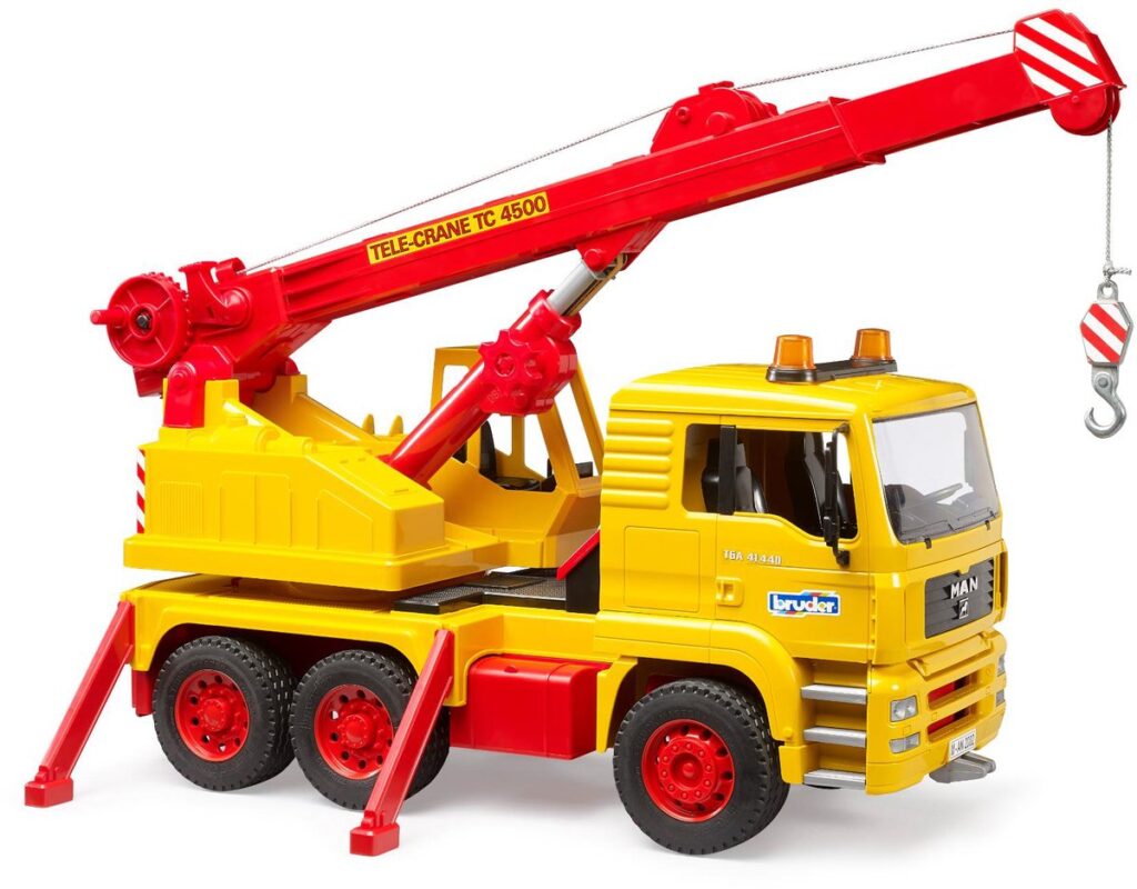 Speelgoed hijskraan op vrachtwagen met uitgeschoven arm.