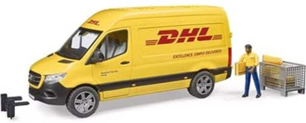 Schaalmodel DHL busje met pakketbezorger en kar.