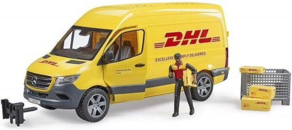 Speelgoed DHL bus met chauffeur en pakketten