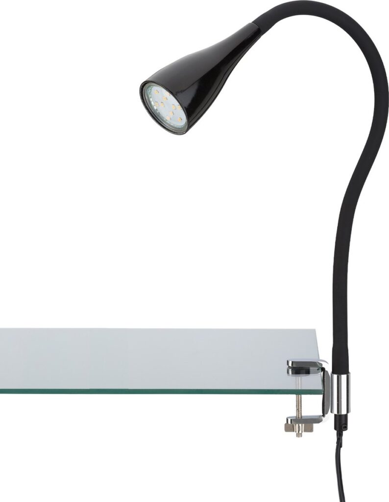 Zwarte bureaulamp met glazen plankklem.