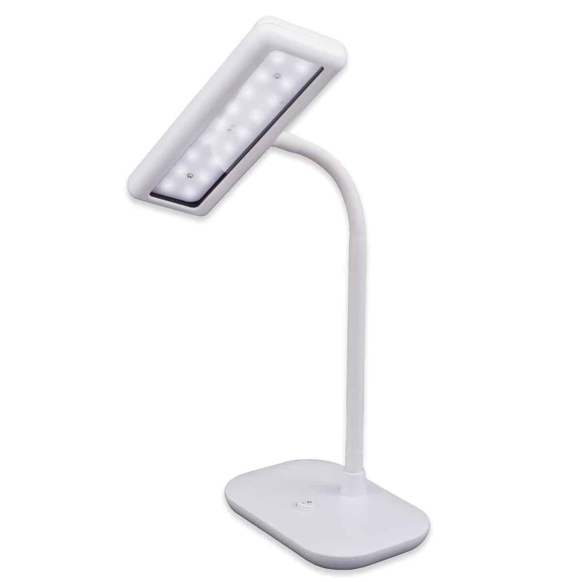 Witte LED-lamp met verstelbare arm en rechthoekige kop.