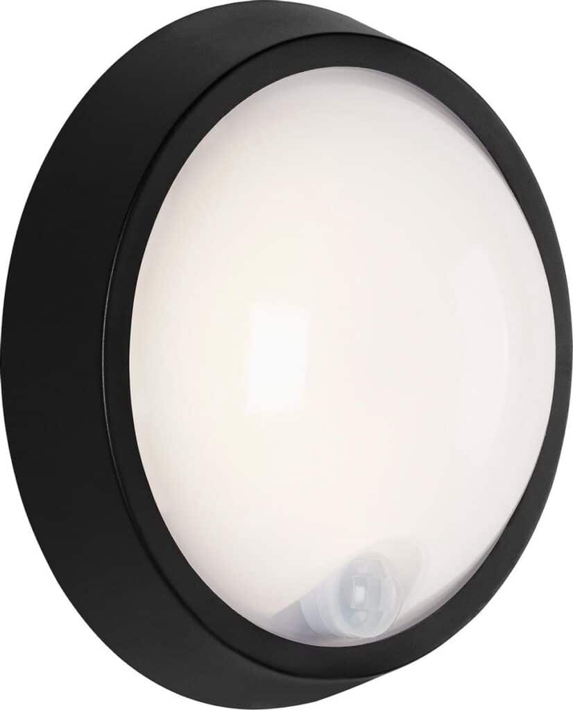 Ronde wandlamp met zwarte behuizing en glazen bol.