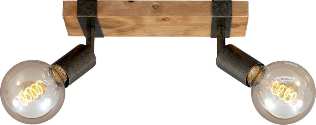 Dubbele wandlamp met houten basis en gloeilampen.