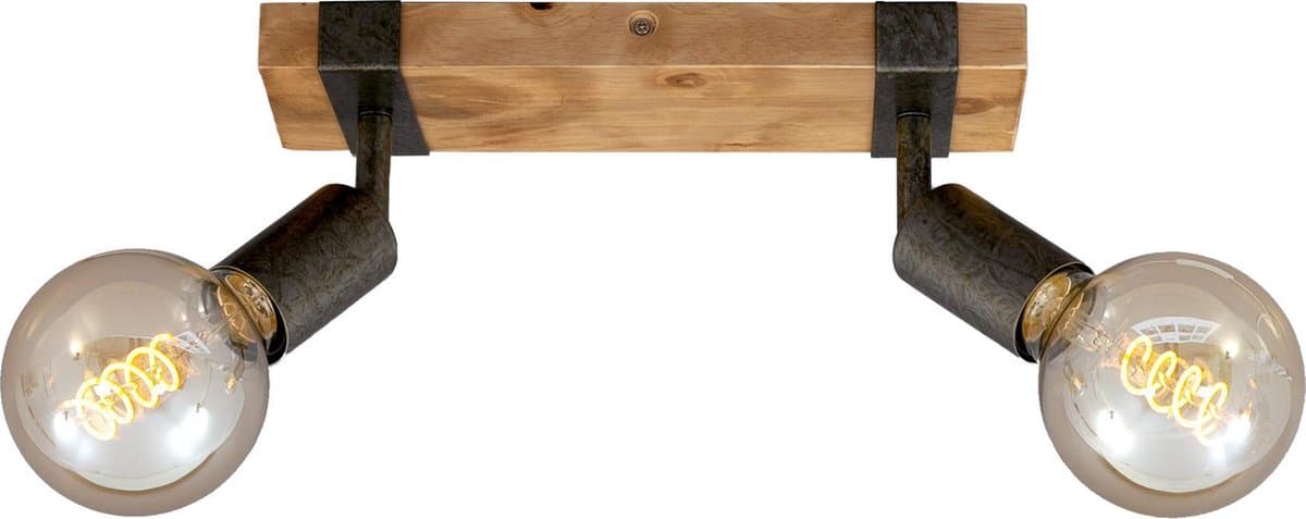 Dubbele wandlamp met houten basis en gloeilampen.