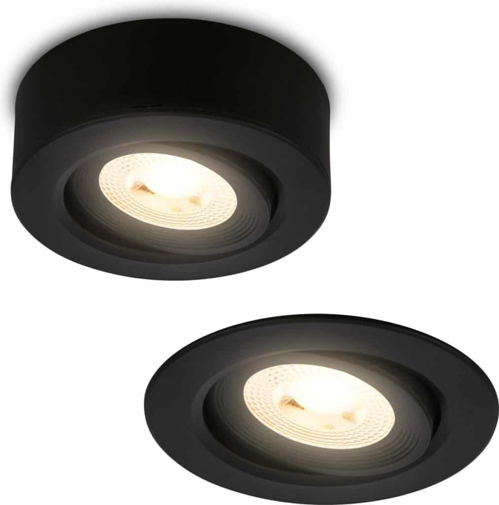 Twee zwarte plafondlampen met led verlichting