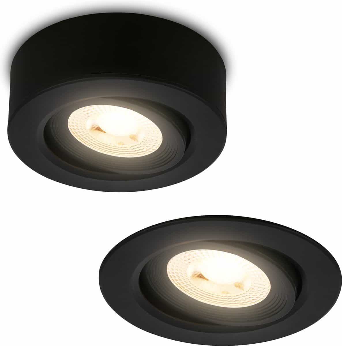 Twee zwarte plafondlampen met led verlichting