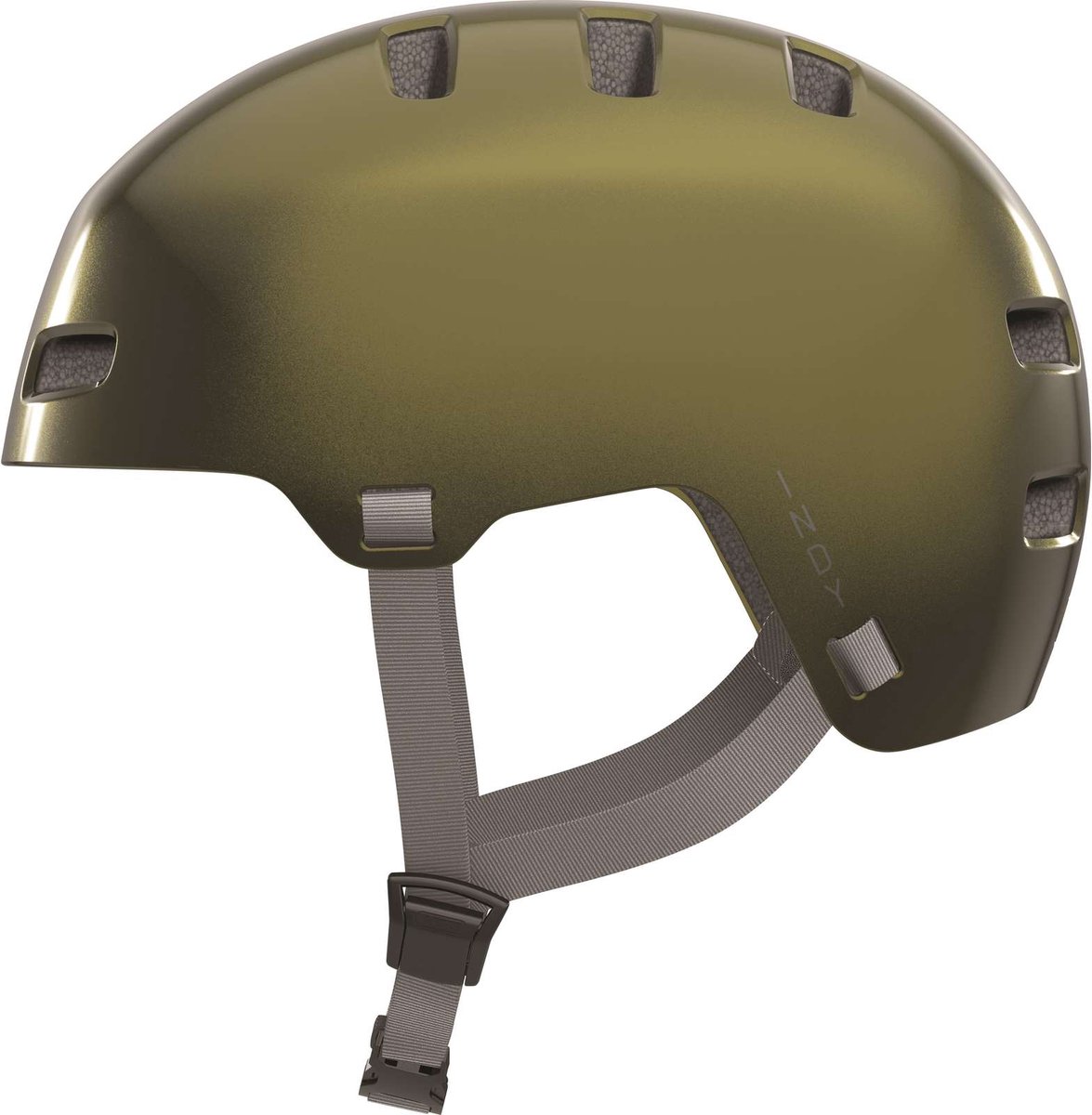 Olijfgroene skatehelm met ventilatieopeningen en kinband