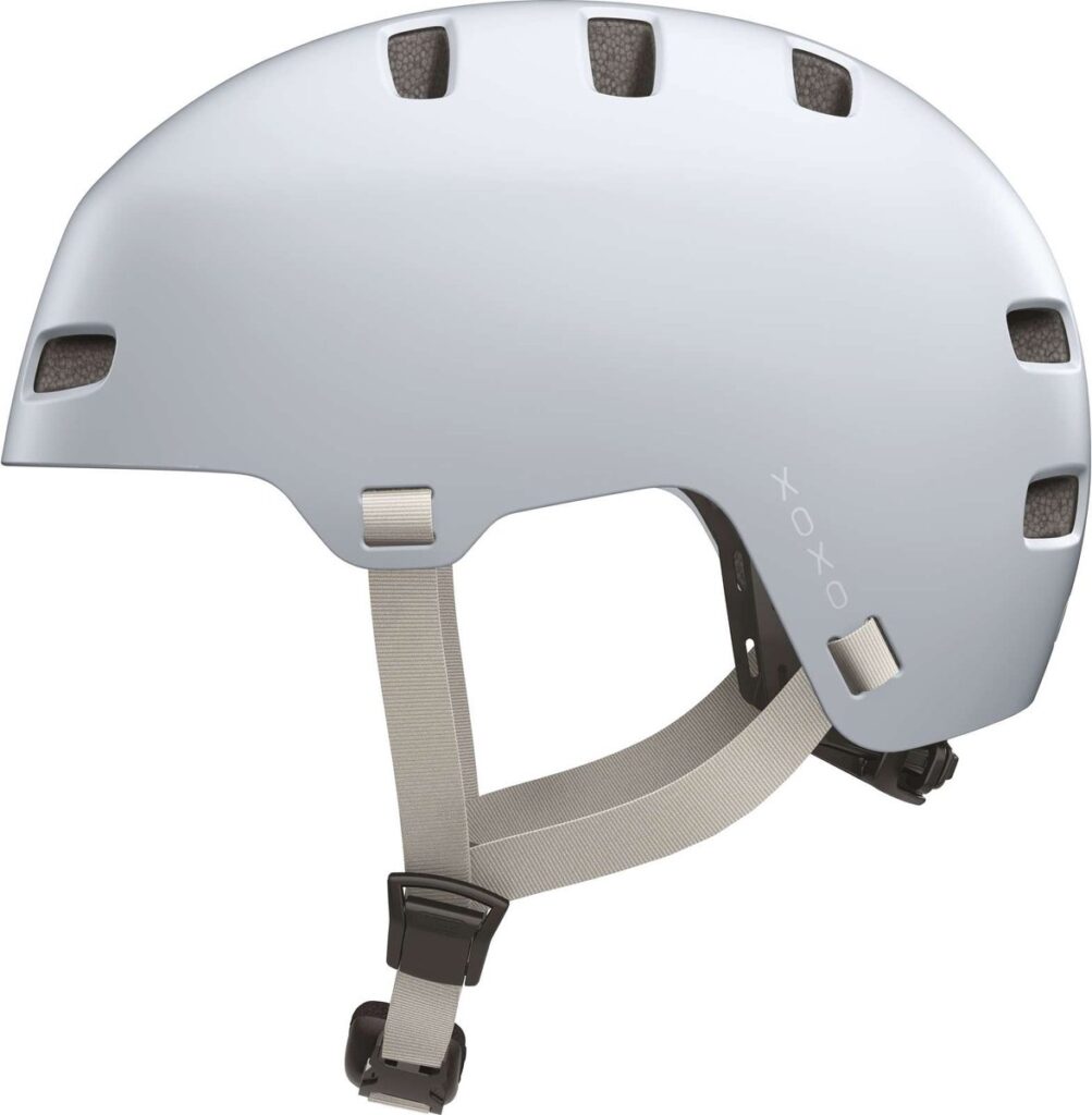 Light gray bicycle helmet with an adjustable chin strap