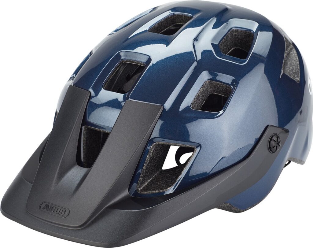 Blue bicycle helmet with a visor and ventilation holes
