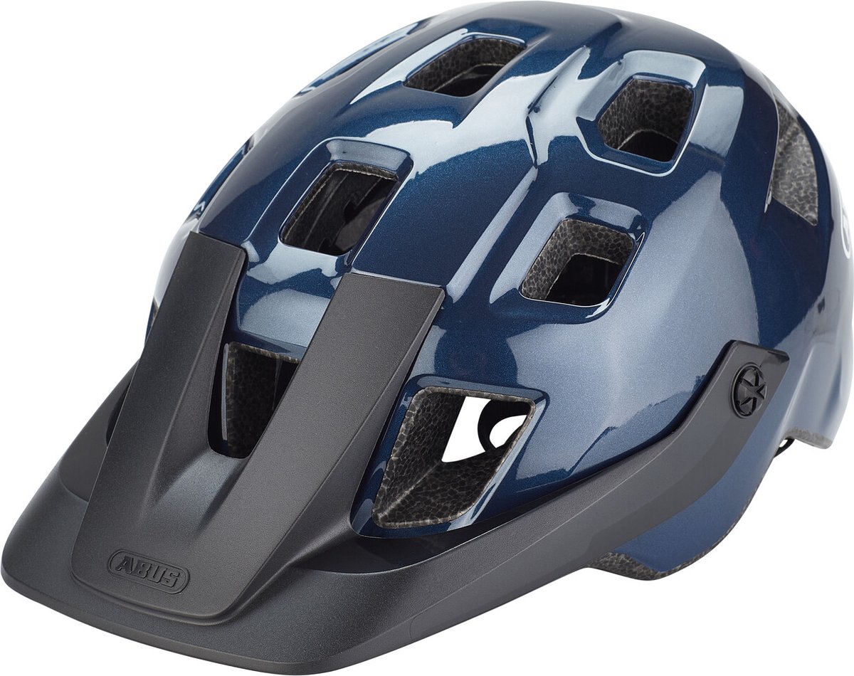 Blauwe fietshelm met vizier en ventilatieopeningen