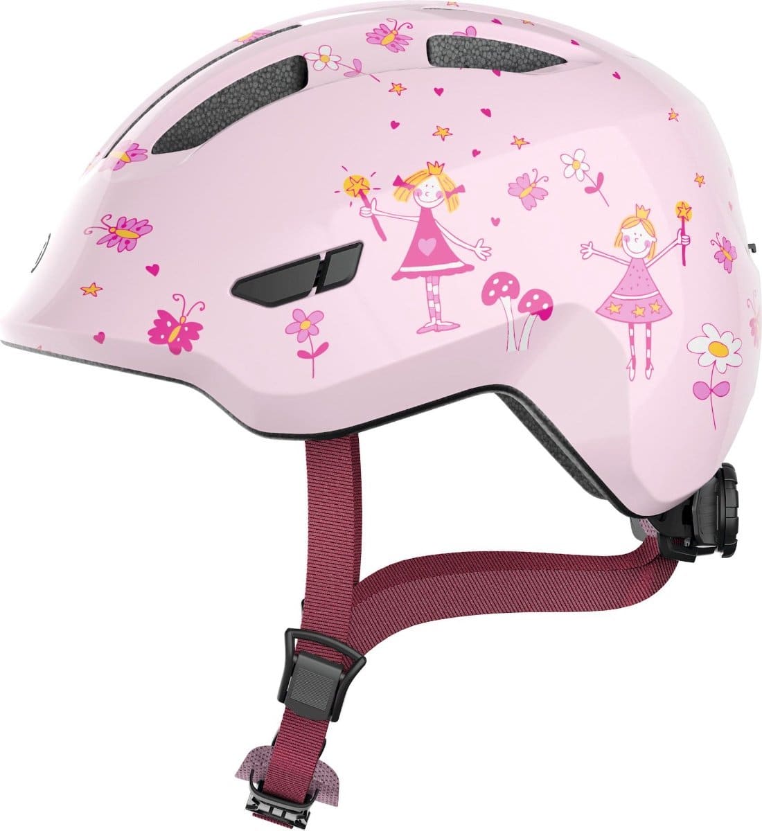 Roze kinderhelm met bloemen en prinsessenmotief