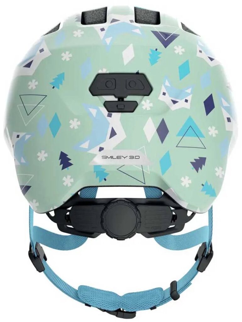 Mint green children's helmet with a geometric pattern on the back