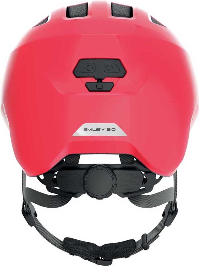 Red children's bike helmet with an adjustment knob on the back