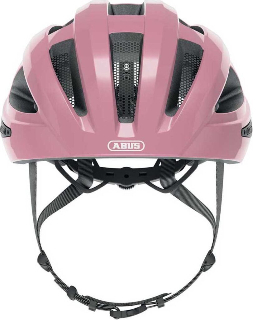 Roze fietshelm met ventilatieopeningen en verstelbare band.