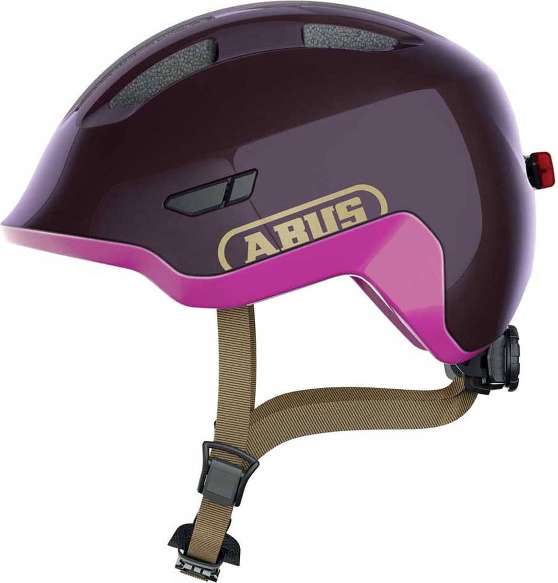 Paarse fietshelm met roze rand en kinband.