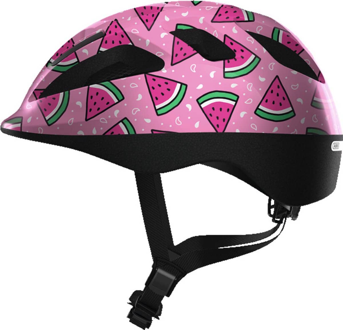 Roze helm met watermeloenpatroon.